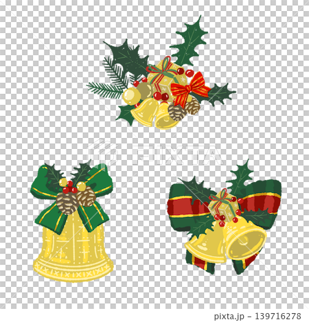 Luxurious bells with green ribbons (set of 3) - Illustration material with transparent background Luxurious bells with green ribbons (set of 3) - Illustration material with transparent background 139716278