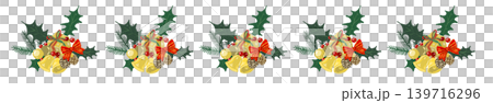 A gorgeous red ribbon with holly and two bells as a line border decoration. Transparent background. 2 139716296