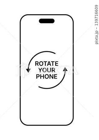 Rotate your phone vertical icon illustration, smartphone screen orientation instruction symbol with curved arrows, mobile device interface sign, simple black outline design for app and media use 139716609