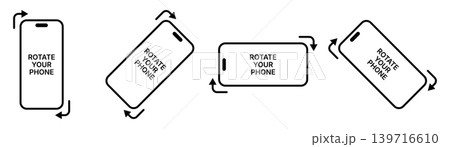 Rotate your phone icon set with smartphone orientation symbols, vertical and horizontal screen rotation instructions, simple black outline mobile interface illustration collection Rotate your phone icon set with smartphone orientation symbols, vertical and horizontal screen rotation instructions, simple black outline mobile interface illustration collection 139716610