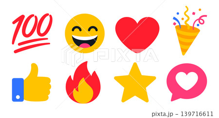 Social media reaction icon set with 100 sign, happy smiley, heart, party popper, thumbs up, fire, star and chat bubble illustration, colorful flat symbols for app, stream and message design Social media reaction icon set with 100 sign, happy smiley, heart, party popper, thumbs up, fire, star and chat bubble illustration, colorful flat symbols for app, stream and message design 139716611