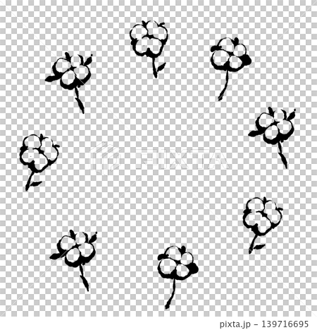 Simple monochrome wreath of cotton flowers, round frame illustration, transparent background. 139716695