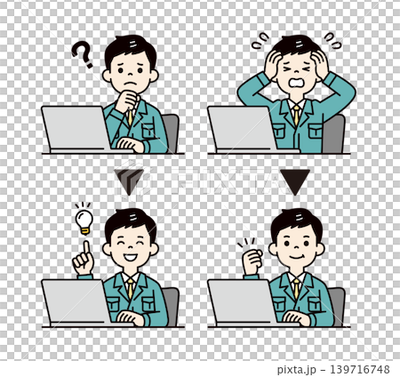 A set of vector illustrations of a businessman in work clothes sitting in front of a computer, resolving a problem. A set of vector illustrations of a businessman in work clothes sitting in front of a computer, resolving a problem. 139716748