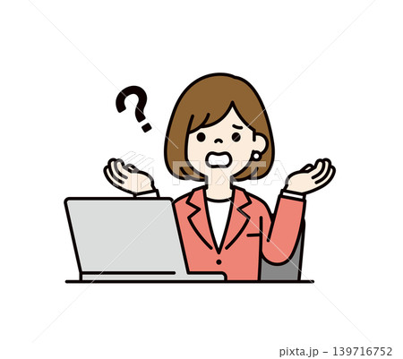 パソコンの前で困った表情でお手上げのポーズをする、若いビジネスウーマンのベクターイラスト素材 パソコンの前で困った表情でお手上げのポーズをする、若いビジネスウーマンのベクターイラスト素材 139716752