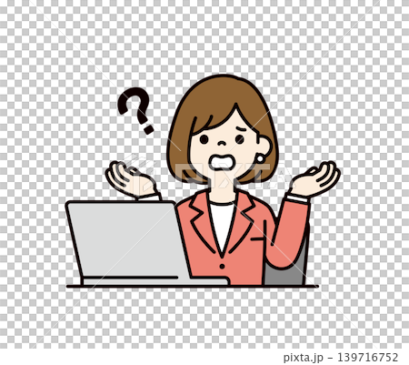 パソコンの前で困った表情でお手上げのポーズをする、若いビジネスウーマンのベクターイラスト素材 パソコンの前で困った表情でお手上げのポーズをする、若いビジネスウーマンのベクターイラスト素材 139716752
