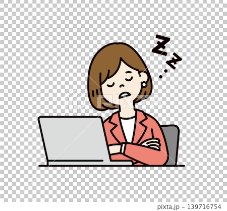 Vector illustration of the upper body of a female employee/businesswoman dozing off in front of her computer. 139716754