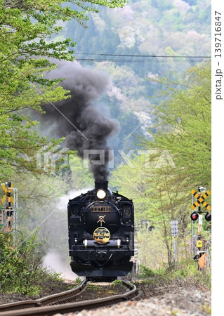 磐越西線　新緑　葉桜の頃　咲花駅を発進する　SLばんえつ物語号 139716847