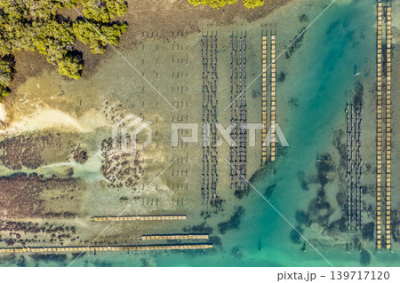 Aerial view of an oyster lease in the clear shallow waters of Wallis Lake in Forster NSW Australia. Drone photograph captures oyster farming infrastructure, transparent waterways and natural estuary Aerial view of an oyster lease in the clear shallow waters of Wallis Lake in Forster NSW Australia. Drone photograph captures oyster farming infrastructure, transparent waterways and natural estuary 139717120
