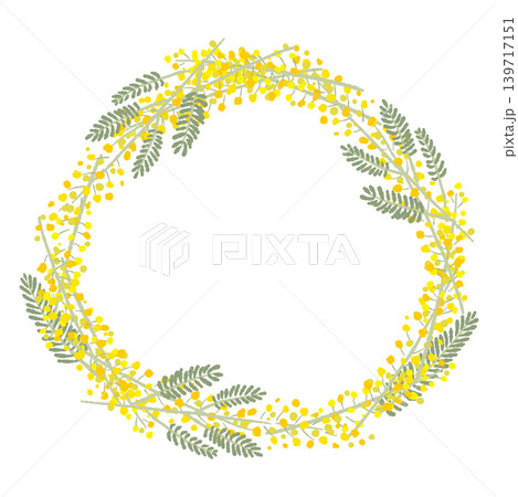 Circular Mimosa and Leaf Wreath Botanical Vector 139717151