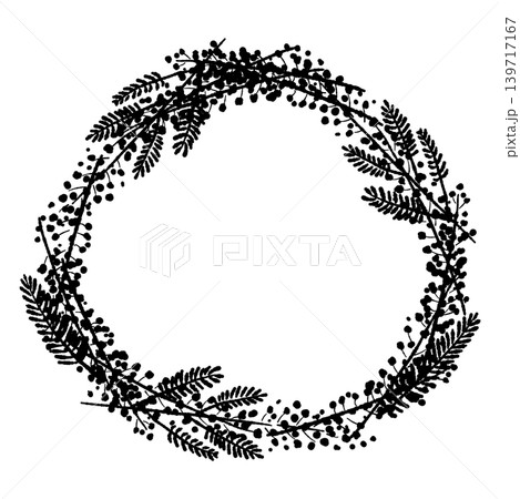Circular Mimosa and Acacia Leaf Wreath Outline 139717167