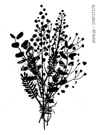 Mimosa and Mixed Herb Botanical Bouquet Monochrome 139717178