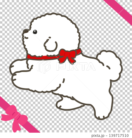 A running Bichon Frise puppy with a red ribbon (side view, outlined). A running Bichon Frise puppy with a red ribbon (side view, outlined). 139717510