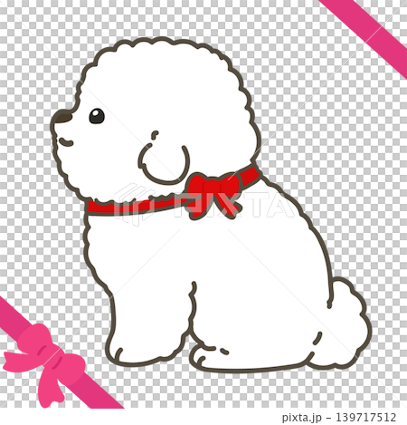 A sitting Bichon Frise puppy with a red ribbon (side view, outlined). A sitting Bichon Frise puppy with a red ribbon (side view, outlined). 139717512