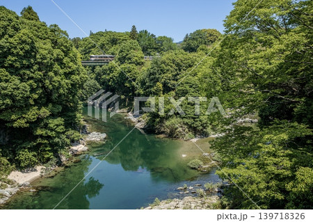 新城市、牛渕橋から眺める長篠城と鉄橋を渡る特急伊那路 新城市、牛渕橋から眺める長篠城と鉄橋を渡る特急伊那路 139718326