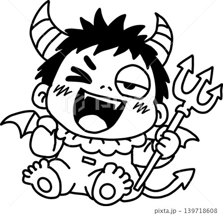 ニヤリと笑う可愛い小悪魔のキャラクター 悪巧みをするベビーデビル 不敵な笑み ベクター 139718608