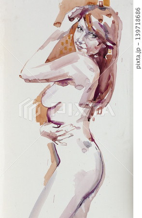 watercolor painting, female portrait, handmade 139718686