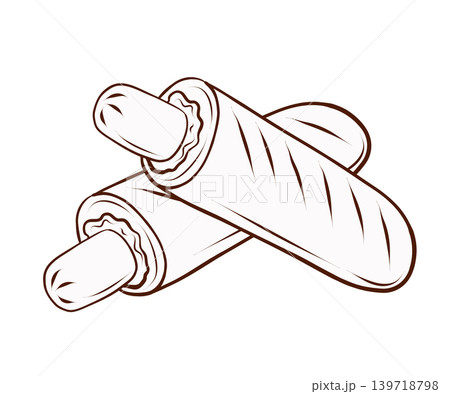 French hot dogs with sausages in baguette buns. Vector illustration in clean hand drawn line art style. Fast food snack element for street food menus, takeaway packaging, cafe posters and flyers. 139718798