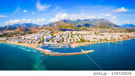 Marbella city port and beach aerial panoramic view Marbella city port and beach aerial panoramic view 139720026