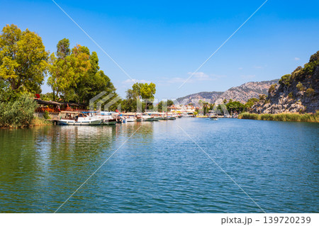 Boats at Dalyan river in Dalyan town, Turkey 139720239