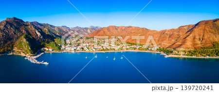 Icmeler town beach aerial panoramic view in Turkey Icmeler town beach aerial panoramic view in Turkey 139720241