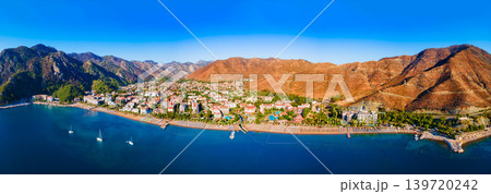 Icmeler town beach aerial panoramic view in Turkey Icmeler town beach aerial panoramic view in Turkey 139720242