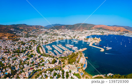 Bodrum beach and marina aerial panoramic view in Turkey Bodrum beach and marina aerial panoramic view in Turkey 139720300