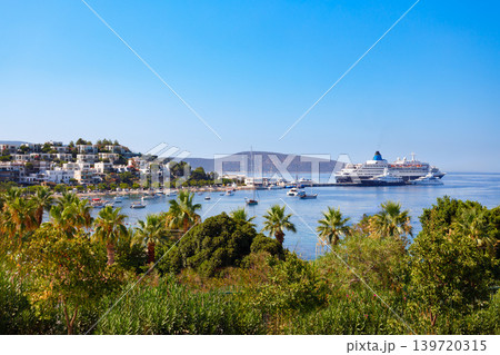 Big cruise ship in Bodrum marina aerial panoramic view, Turkey 139720315