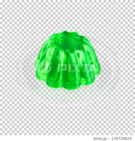 Green jelly on a transparent plate, viewed from a diagonal angle above, transparent background, 3D rendering. Green jelly on a transparent plate, viewed from a diagonal angle above, transparent background, 3D rendering. 139720624