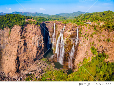 Jog Falls aerial panoramic view in Karnataka state, India Jog Falls aerial panoramic view in Karnataka state, India 139720627