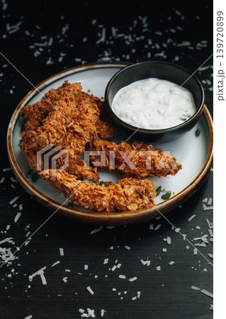 Delicious fried chicken with dipping sauce on rustic plate Delicious fried chicken with dipping sauce on rustic plate 139720899