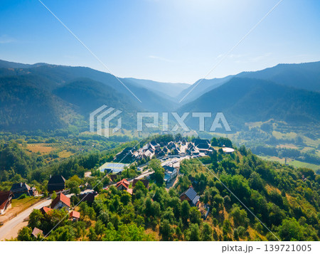 Aerial view of Kustendorf ethno village or Drvengrad in Mokra Gora Aerial view of Kustendorf ethno village or Drvengrad in Mokra Gora 139721005