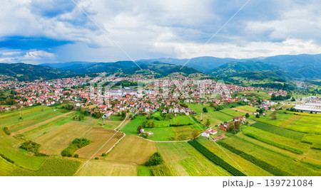 Aerial view of Bajina Basta town and green valley in Serbia Aerial view of Bajina Basta town and green valley in Serbia 139721084