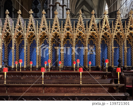 Gothic Westminster Abby Choir Stalls With Ornate Gold Tracery, Blue Backing and Red Lamp Lighting Gothic Westminster Abby Choir Stalls With Ornate Gold Tracery, Blue Backing and Red Lamp Lighting 139721301