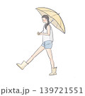 雨の日に黄色い傘をさして歩く女性の手描きイラスト 139721551