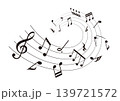 ウェーブ状の楽譜：五線譜に並ぶ音符の背景ベクターイラスト 139721572