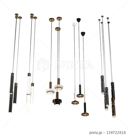 chandelier on the ceiling isolated on transparent background, hanging lamp, pendant light, 3D illustration, cg render 139722818