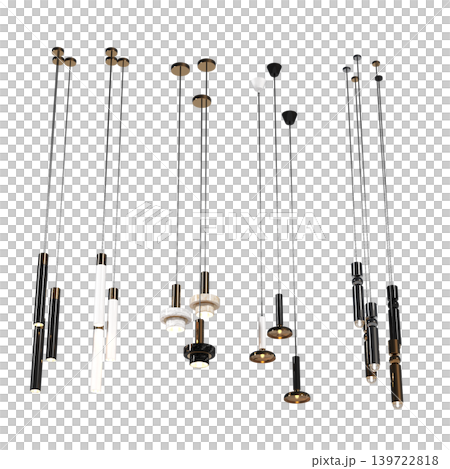 chandelier on the ceiling isolated on transparent background, hanging lamp, pendant light, 3D illustration, cg render 139722818