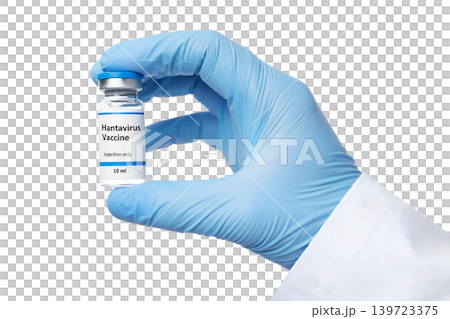 Single gloved hand holding a small glass vial of hantavirus vaccine with a rubber stopper and aluminum seal, representing immunization against hemorrhagic fever with renal syndrome or hps 139723375