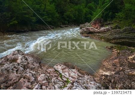 Stormy mountain river in spring, mountain forest. Stormy mountain river in spring, mountain forest. 139723473