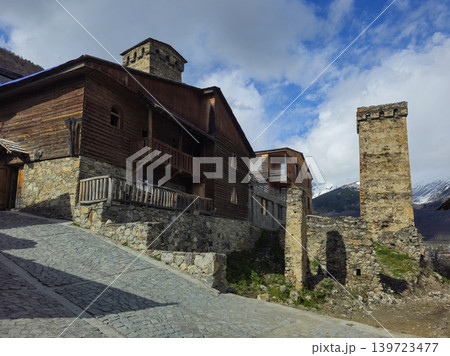 traditional Svan towers in the village of Mestia, located in the Svaneti region of Georgia traditional Svan towers in the village of Mestia, located in the Svaneti region of Georgia 139723477