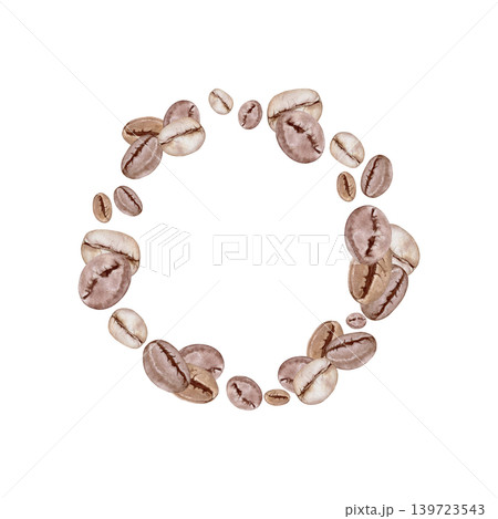 Watercolor coffee beans round wreath illustration isolated on white background. Roasted arabica beans sticker template with copy space design. Hand drawn botanical frame clipart. Watercolor coffee beans round wreath illustration isolated on white background. Roasted arabica beans sticker template with copy space design. Hand drawn botanical frame clipart. 139723543