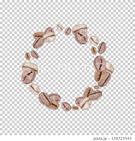 Watercolor coffee beans round wreath illustration isolated on white background. Roasted arabica beans sticker template with copy space design. Hand drawn botanical frame clipart. Watercolor coffee beans round wreath illustration isolated on white background. Roasted arabica beans sticker template with copy space design. Hand drawn botanical frame clipart. 139723543