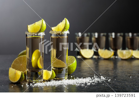 Tequila shots with salt and lime slices on a black stone table. Tequila shots with salt and lime slices on a black stone table. 139723591