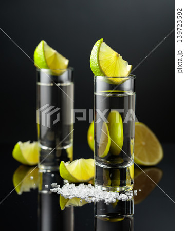 Gold tequila with sea salt and lime slices. 139723592