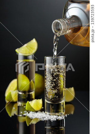 Tequila shots with salt and lime slices on a black reflective background. Tequila shots with salt and lime slices on a black reflective background. 139723593