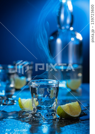 Vodka with lime slices on a black stone table. Vodka with lime slices on a black stone table. 139723600