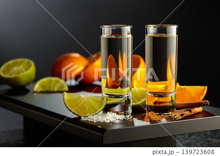 Tequila shots with lime, salt, orange, and cinnamon. 139723608