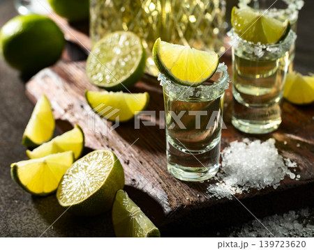 Tequila with sea salt and lime slices on a old cutting board. Tequila with sea salt and lime slices on a old cutting board. 139723620
