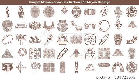 Ancient Mayan civilization and Mesoamerican heritage outline icons for history study or cultural design project Ancient Mayan civilization and Mesoamerican heritage outline icons for history study or cultural design project 139723675