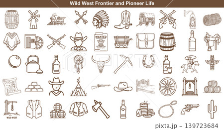 Assorted wild west frontier life icons showing cowboy equipment and pioneer history for historical storytelling themes Assorted wild west frontier life icons showing cowboy equipment and pioneer history for historical storytelling themes 139723684